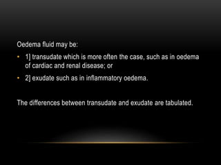 Oedema fluid may be:
• 1] transudate which is more often the case, such as in oedema
of cardiac and renal disease; or
• 2] exudate such as in inflammatory oedema.
The differences between transudate and exudate are tabulated.
 