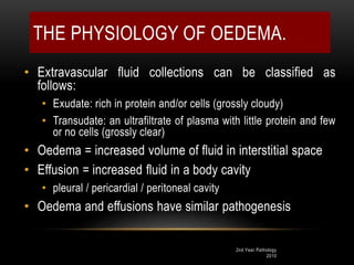 2nd Year Pathology
2010
• Extravascular fluid collections can be classified as
follows:
• Exudate: rich in protein and/or cells (grossly cloudy)
• Transudate: an ultrafiltrate of plasma with little protein and few
or no cells (grossly clear)
• Oedema = increased volume of fluid in interstitial space
• Effusion = increased fluid in a body cavity
• pleural / pericardial / peritoneal cavity
• Oedema and effusions have similar pathogenesis
THE PHYSIOLOGY OF OEDEMA.
 