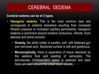 Cerebral oedema can be of 3 types.
• Vasogenic oedema. This is the most common type and
corresponds to oedema elsewhere resulting from increased
filtration pressure or increased capillary permeability. Vasogenic
oedema is prominent around cerebral contusions, infarcts, brain
abscess and some tumours.
• Grossly, the white matter is swollen, soft, with flattened gyri
and narrowed sulci. Sectioned surface is soft and gelatinous.
• Microscopically, there is separation of tissue elements by
the oedema fluid and swelling of astrocytes. The
perivascular (Virchowrobin) space is widened and clear
halos are seen around the small blood vessels.
CEREBRAL OEDEMA
 