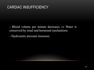 79
CARDIAC INSUFFICIENCY
- Blood volume per minute decreases  Water is
conserved by renal and hormonal mechanisms
- Hydrostatic pressure increases
 