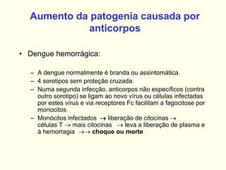Aumento da patogenia causada por
anticorpos
• Dengue hemorrágica:
– A dengue normalmente é branda ou assintomática.
– 4 sorotipos sem proteção cruzada.
– Numa segunda infecção, anticorpos não específicos (contra
outro sorotipo) se ligam ao novo vírus ou células infectadas
por estes vírus e via receptores Fc facilitam a fagocitose por
monocitos
– Monócitos infectados  liberação de citocinas 
células T  mais citocinas  leva a liberação de plasma e
à hemorragia  choque ou morte
 