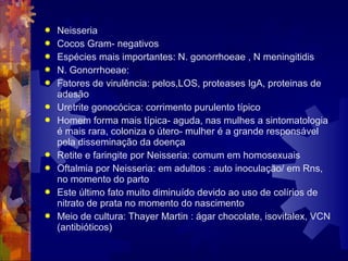  Neisseria
 Cocos Gram- negativos
 Espécies mais importantes: N. gonorrhoeae , N meningitidis
 N. Gonorrhoeae:
 Fatores de virulência: pelos,LOS, proteases IgA, proteinas de
adesão
 Uretrite gonocócica: corrimento purulento típico
 Homem forma mais típica- aguda, nas mulhes a sintomatologia
é mais rara, coloniza o útero- mulher é a grande responsável
pela disseminação da doença
 Retite e faringite por Neisseria: comum em homosexuais
 Oftalmia por Neisseria: em adultos : auto inoculação/ em Rns,
no momento do parto
 Este último fato muito diminuído devido ao uso de colírios de
nitrato de prata no momento do nascimento
 Meio de cultura: Thayer Martin : ágar chocolate, isovitalex, VCN
(antibióticos)
 