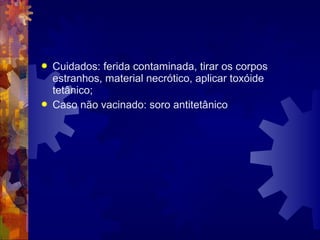  Cuidados: ferida contaminada, tirar os corpos
estranhos, material necrótico, aplicar toxóide
tetânico;
 Caso não vacinado: soro antitetânico
 