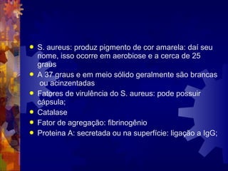  S. aureus: produz pigmento de cor amarela: daí seu
nome, isso ocorre em aerobiose e a cerca de 25
graus
 A 37 graus e em meio sólido geralmente são brancas
ou acinzentadas
 Fatores de virulência do S. aureus: pode possuir
cápsula;
 Catalase
 Fator de agregação: fibrinogênio
 Proteina A: secretada ou na superfície: ligação a IgG;
 