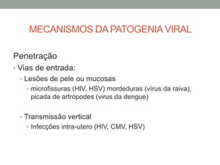 MECANISMOS DA PATOGENIAVIRAL
Penetração
• Vias de entrada:
• Lesões de pele ou mucosas
• microfissuras (HIV, HSV) mordeduras (vírus da raiva),
picada de artrópodes (virus da dengue)
• Transmissão vertical
• Infecções intra-utero (HIV, CMV, HSV)
 