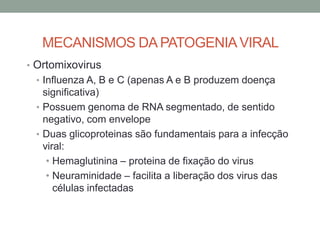 MECANISMOS DA PATOGENIAVIRAL
• Ortomixovirus
• Influenza A, B e C (apenas A e B produzem doença
significativa)
• Possuem genoma de RNA segmentado, de sentido
negativo, com envelope
• Duas glicoproteinas são fundamentais para a infecção
viral:
• Hemaglutinina – proteina de fixação do virus
• Neuraminidade – facilita a liberação dos virus das
células infectadas
 