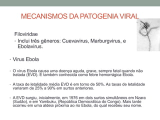 MECANISMOS DA PATOGENIAVIRAL
Filoviridae
• Inclui três gêneros: Cuevavirus, Marburgvirus, e
Ebolavirus.
• Virus Ebola
• O vírus Ebola causa uma doença aguda, grave, sempre fatal quando não
tratada (EVD). É também conhecida como febre hemorrágica Ebola.
• A taxa de letalidade média EVD é em torno de 50%. As taxas de letalidade
variaram de 25% a 90% em surtos anteriores.
• A EVD surgiu, inicialmente, em 1976 em dois surtos simultâneos em Nzara
(Sudão), e em Yambuku, (República Democrática do Congo). Mais tarde
ocorreu em uma aldeia próxima ao rio Ebola, do qual recebeu seu nome.
 