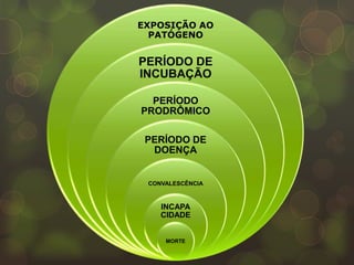 EXPOSIÇÃO AO
  PATÓGENO


PERÍODO DE
INCUBAÇÃO

  PERÍODO
PRODRÔMICO

 PERÍODO DE
  DOENÇA


 CONVALESCÊNCIA



    INCAPA
    CIDADE


     MORTE
 