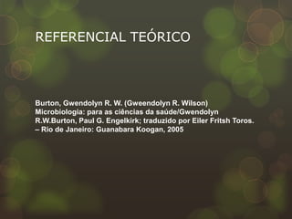 REFERENCIAL TEÓRICO



Burton, Gwendolyn R. W. (Gweendolyn R. Wilson)
Microbiologia: para as ciências da saúde/Gwendolyn
R.W.Burton, Paul G. Engelkirk; traduzido por Eiler Fritsh Toros.
– Rio de Janeiro: Guanabara Koogan, 2005
 