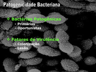 Patogenicidade Bacteriana Bactérias Patogênicas - Primárias Fatores de Virulência - Oportunistas - Colonização - Lesão 