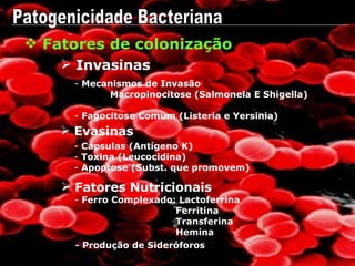 Invasinas Fatores Nutricionais Evasinas Patogenicidade Bacteriana Fatores de colonização Mecanismos de Invasão Macropinocitose (Salmonela E Shigella) Fagocitose Comum (Listeria e Yersinia) Cápsulas (Antígeno K) Toxina (Leucocidina) Apoptose (Subst. que promovem) Ferro Complexado: Lactoferrina Ferritina Transferina Hemina - Produção de Sideróforos 
