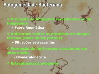 Patogenicidade Bacteriana Produção de Antígenos semelhantes ao do Hospedeiro DOENÇA AUTO-IMUNE Formação de Anti-corpos circulantes em altos níveis; Estreptococcus pyogenes - Febre Reumática  - Glomérulonefrite  Anticorpos contra as proteínas do choque térmico (Heat-Shock proteis) - Situações estressantes  