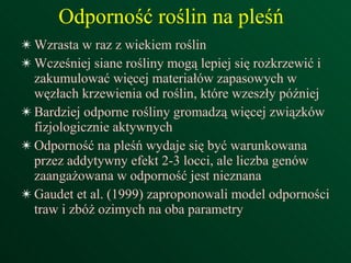 Wzrasta w raz z wiekiem roślin Wcześniej siane rośliny mogą lepiej się rozkrzewić i zakumulować więcej materiałów zapasowych w węzłach krzewienia od roślin, które wzeszły później Bardziej odporne rośliny gromadzą więcej związków fizjologicznie aktywnych  Odporność na pleśń wydaje się być warunkowana przez addytywny efekt 2-3 locci, ale liczba genów zaangażowana w odporność jest nieznana Gaudet et al. (1999) zaproponowali model odporności traw i zbóż ozimych na oba parametry Odporność roślin na pleśń 