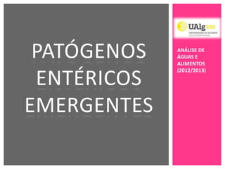 PATÓGENOS
ENTÉRICOS
EMERGENTES
ANÁLISE DE
ÁGUAS E
ALIMENTOS
(2012/2013)
 