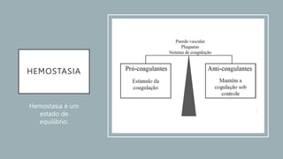 HEMOSTASIA
Hemostasia é um
estado de
equilíbrio.
 