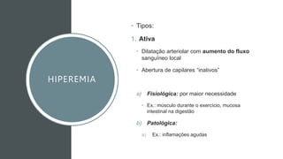 HIPEREMIA
• Tipos:
1. Ativa
• Dilatação arteriolar com aumento do fluxo
sanguíneo local
• Abertura de capilares “inativos”
a) Fisiológica: por maior necessidade
• Ex.: músculo durante o exercício, mucosa
intestinal na digestão
b) Patológica:
a) Ex.: inflamações agudas
 