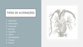 TIPOS DE ALTERAÇÕES
1. Hiperemia
2. Hemorragia
3. Trombose
4. Embolia
5. Isquemia
6. Infarto
7. Aterosclerose
8. Choque
9. Edema
 