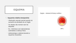 ISQUEMIA
1. Isquemia relativa temporária
• Obstrução vascular parcial quando há
aumento de atividade de um órgão
• As células não morrem nem há
sequelas
• Ex.: indivíduos com aterosclerose
submetidos a esforço físico
• sobrecarrega o sistema levando a
isquemia miocárdica
 