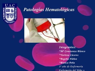 Patologías Hematológicas




                Integrantes:
                •Mª Constanza Blanco
                •Yaritza Cáceres
                •Begoña Núñez
                •Bianca Peña
                3º año de Enfermería
 