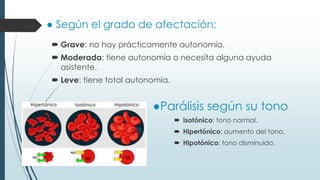 ● Según el grado de afectación:
 Grave: no hay prácticamente autonomía.
 Moderada: tiene autonomía o necesita alguna ayuda
asistente.
 Leve: tiene total autonomía.
●Parálisis según su tono
 Isotónico: tono normal.
 Hipertónico: aumento del tono.
 Hipotónico: tono disminuido.
 