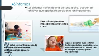 ●Síntomas
 Los síntomas varían de una persona a otra, pueden ser
tan leves que apenas se perciban o tan importantes.
En un bebe se manifiesta cuando
le cuesta trabajo voltearse,
sentarse, gatear, sonreír o
caminar.
En ocasiones puede ser
imposibilite levantarse de la
cama.
Algunas personas pueden tener
trastornos médicos asociados como
convulsiones o retraso mental, pero
no siempre ocasiona graves
impedimentos
 