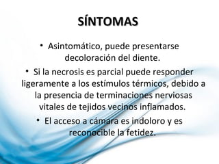 SÍNTOMASSÍNTOMAS
• Asintomático, puede presentarse
decoloración del diente.
• Si la necrosis es parcial puede responder
ligeramente a los estímulos térmicos, debido a
la presencia de terminaciones nerviosas
vitales de tejidos vecinos inflamados.
• El acceso a cámara es indoloro y es
reconocible la fetidez.
 