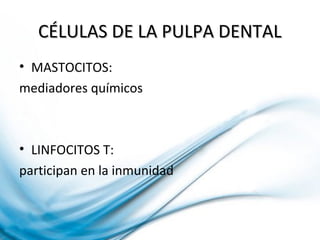 CÉLULAS DE LA PULPA DENTALCÉLULAS DE LA PULPA DENTAL
• MASTOCITOS:
mediadores químicos
• LINFOCITOS T:
participan en la inmunidad
 