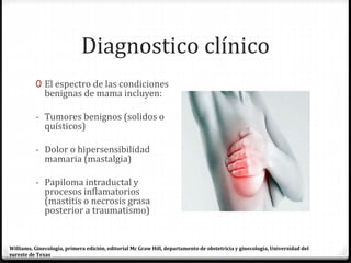 Diagnostico clínico
0 El espectro de las condiciones
benignas de mama incluyen:
- Tumores benignos (solidos o
quísticos)
- Dolor o hipersensibilidad
mamaria (mastalgia)
- Papiloma intraductal y
procesos inflamatorios
(mastitis o necrosis grasa
posterior a traumatismo)
Williams, Ginecología, primera edición, editorial Mc Graw Hill, departamento de obstetricia y ginecología, Universidad del
sureste de Texas
 