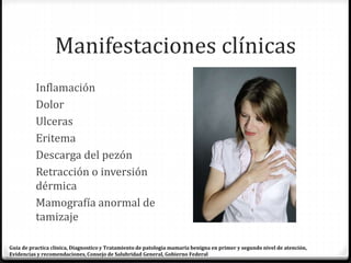 Manifestaciones clínicas
Inflamación
Dolor
Ulceras
Eritema
Descarga del pezón
Retracción o inversión
dérmica
Mamografía anormal de
tamizaje
Guía de practica clínica, Diagnostico y Tratamiento de patología mamaria benigna en primer y segundo nivel de atención,
Evidencias y recomendaciones, Consejo de Salubridad General, Gobierno Federal
 