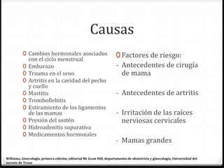 Causas
0 Cambios hormonales asociados
con el ciclo menstrual
0 Embarazo
0 Trauma en el seno
0 Artritis en la cavidad del pecho
y cuello
0 Mastitis
0 Tromboflebitis
0 Estiramiento de los ligamentos
de las mamas
0 Presión del sostén
0 Hidroadenitis supurativa
0 Medicamentos hormonales
0 Factores de riesgo:
- Antecedentes de cirugía
de mama
- Antecedentes de artritis
- Irritación de las raíces
nerviosas cervicales
- Mamas grandes
Williams, Ginecología, primera edición, editorial Mc Graw Hill, departamento de obstetricia y ginecología, Universidad del
sureste de Texas
 