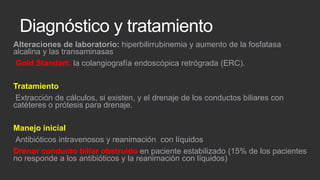 Diagnóstico y tratamiento
Alteraciones de laboratorio: hiperbilirrubinemia y aumento de la fosfatasa
alcalina y las transaminasas
Gold Standart: la colangiografía endoscópica retrógrada (ERC).
Tratamiento
Extracción de cálculos, si existen, y el drenaje de los conductos biliares con
catéteres o prótesis para drenaje.
Manejo inicial
Antibióticos intravenosos y reanimación con líquidos
Drenar conducto biliar obstruido en paciente estabilizado (15% de los pacientes
no responde a los antibióticos y la reanimación con líquidos)

 