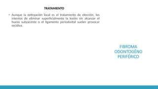 FIBROMA
ODONTOGÉNO
PERIFÉRICO
TRATAMIENTO
▪ Aunque la extirpación local es el tratamiento de elección, los
intentos de eliminar superficialmente la lesión sin alcanzar el
hueso subyacente o el ligamento periodontal suelen provocar
recidiva.
 
