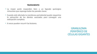 GRANULOMA
PERIFÉRICO DE
CÉLULAS GIGANTES
TRATAMIENTO
▪ La mayor parte responden bien a un legrado quirúrgico
minucioso que exponga todas las paredes óseas.
▪ Cuando está afectada la membrana periodontal puede requerirse
la extracción de los dientes asociados para conseguir una
extirpación completa.
▪ A veces pueden recurrir las lesiones.
 