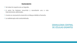 GRANULOMA CENTRAL
DE CÉLULAS GIGANTES
TRATAMIENTO
▪ Se tratan la mayoría con un legrado.
▪ A veces las lesiones recurrirán y necesitarán una o más
intervenciones adicionales.
▪ A veces es necesaria la resección en bloque debido al tamaño.
▪ La radioterapia está contraindicada.
 