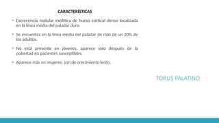 TORUS PALATINO
CARACTERÍSTICAS
▪ Excrecencia nodular exofítica de hueso cortical denso localizada
en la línea media del paladar duro.
▪ Se encuentra en la línea media del paladar de más de un 20% de
los adultos.
▪ No está presente en jóvenes, aparece solo después de la
pubertad en pacientes susceptibles.
▪ Aparece más en mujeres, son de crecimiento lento.
 