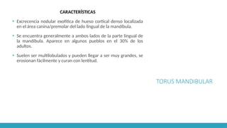 TORUS MANDIBULAR
CARACTERÍSTICAS
▪ Excrecencia nodular exofítica de hueso cortical denso localizada
en el área canina/premolar del lado lingual de la mandíbula.
▪ Se encuentra generalmente a ambos lados de la parte lingual de
la mandíbula. Aparece en algunos pueblos en el 30% de los
adultos.
▪ Suelen ser multilobulados y pueden llegar a ser muy grandes, se
erosionan fácilmente y curan con lentitud.
 