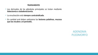 ADENOMA
PLEOMORFO
TRATAMIENTO
▪ Los derivados de las glándulas principales se tratan mediante
lobectomía o sialadenectomía.
▪ La enucleación está siempre contraindicada.
▪ En cavidad oral deben extirparse las lesiones palatinas, mucosa
que las recubre y el periostio.
 