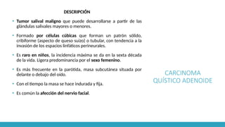 CARCINOMA
QUÍSTICO ADENOIDE
DESCRIPCIÓN
▪ Tumor salival maligno que puede desarrollarse a partir de las
glándulas salivales mayores o menores.
▪ Formado por células cúbicas que forman un patrón sólido,
cribiforme (aspecto de queso suizo) o tubular, con tendencia a la
invasión de los espacios linfáticos perineurales.
▪ Es raro en niños, la incidencia máxima se da en la sexta década
de la vida. Ligera predominancia por el sexo femenino.
▪ Es más frecuente en la parótida, masa subcutánea situada por
delante o debajo del oído.
▪ Con el tiempo la masa se hace indurada y fija.
▪ Es común la afección del nervio facial.
 