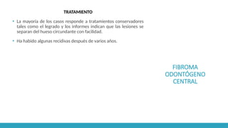 FIBROMA
ODONTÓGENO
CENTRAL
TRATAMIENTO
▪ La mayoría de los casos responde a tratamientos conservadores
tales como el legrado y los informes indican que las lesiones se
separan del hueso circundante con facilidad.
▪ Ha habido algunas recidivas después de varios años.
 