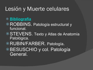Lesión y Muerte celulares Bibliografía ROBBINS.  Patología estructural y funcional. STEVENS.  Texto y Atlas de Anatomía Patológica. RUBIN/FARBER.  Patología .  BESUSCHIO y col. Patología General. 