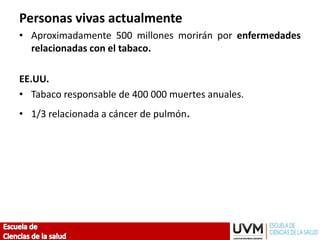 Personas vivas actualmente
• Aproximadamente 500 millones morirán por enfermedades
relacionadas con el tabaco.
EE.UU.
• Tabaco responsable de 400 000 muertes anuales.
• 1/3 relacionada a cáncer de pulmón.
 