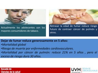 Actualmente los adolecentes son los
mayores consumidores de tabaco.
Retrasar la edad de fumar reduce riesgo
futuro de contraer cáncer de pulmón y
otros.
Dejar de fumar reduce generosamente en 5 años:
•Mortalidad global
•Riesgo de muerte por enfermedades cardiovasculares.
•Mortalidad por cáncer de pulmón: reduce 21% en 5 años , pero el
exceso de riesgo dura 30 años.
 