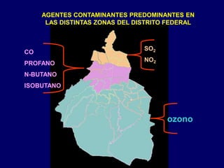 SO2
NO2
ozono
CO
PROFANO
N-BUTANO
ISOBUTANO
AGENTES CONTAMINANTES PREDOMINANTES EN
LAS DISTINTAS ZONAS DEL DISTRITO FEDERAL
 