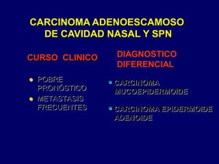 CURSO CLINICO
CARCINOMA ADENOESCAMOSO
DE CAVIDAD NASAL Y SPN
 POBRE
PRONÓSTICO
 METASTASIS
FRECUENTES
DIAGNOSTICO
DIFERENCIAL
 CARCINOMA
MUCOEPIDERMOIDE
 CARCINOMA EPIDERMOIDE
ADENOIDE
 