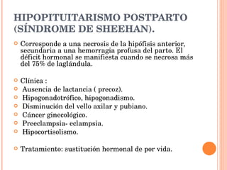 HIPOPITUITARISMO POSTPARTO (SÍNDROME DE SHEEHAN). Corresponde a una necrosis de la hipófisis anterior, secundaria a una hemorragia profusa del parto. El déficit hormonal se manifiesta cuando se necrosa más del 75% de laglándula. Clínica : Ausencia de lactancia ( precoz). Hipogonadotrófico, hipogonadismo. Disminución del vello axilar y pubiano. Cáncer ginecológico. Preeclampsia- eclampsia. Hipocortisolismo. Tratamiento: sustitución hormonal de por vida. 