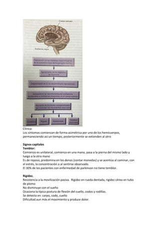 Clínica:
Los síntomas comienzan de forma asimétrica por uno de los hemicuerpos,
permaneciendo asi un tiempo, posteriormente se extienden al otro
Signos capitales
Temblor:
Comienzo es unilateral, comienza en una mano, pasa a la pierna del mismo lado y
luego a la otra mano
Es de reposo, predomina en los denos (contar monedas) y se acentúa al caminar, con
el estrés, la concentración o al sentirse observado.
El 30% de los pacientes con enfermedad de parkinson no tiene temblor.
Rigidez.
Resistencia a la movilización pasiva. Rigidez en rueda dentada, rigidez cérea en tubo
de plomo
No disminuye con el sueño
Ocasiona la típica postura de flexión del cuello, codos y rodillas.
Se detecta en: carpo, codo, cuello
Dificultad aun más el movimiento y produce dolor.
 
