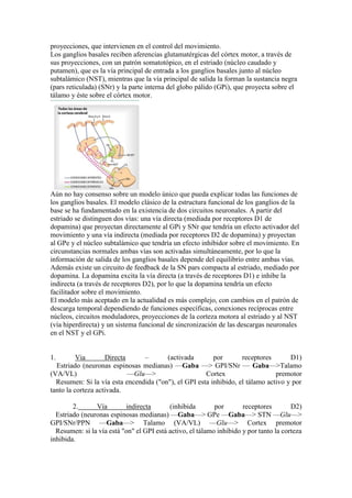 proyecciones, que intervienen en el control del movimiento.
Los ganglios basales reciben aferencias glutamatérgicas del córtex motor, a través de
sus proyecciones, con un patrón somatotópico, en el estriado (núcleo caudado y
putamen), que es la vía principal de entrada a los ganglios basales junto al núcleo
subtalámico (NST), mientras que la vía principal de salida la forman la sustancia negra
(pars reticulada) (SNr) y la parte interna del globo pálido (GPi), que proyecta sobre el
tálamo y éste sobre el córtex motor.
Aún no hay consenso sobre un modelo único que pueda explicar todas las funciones de
los ganglios basales. El modelo clásico de la estructura funcional de los ganglios de la
base se ha fundamentado en la existencia de dos circuitos neuronales. A partir del
estriado se distinguen dos vías: una vía directa (mediada por receptores D1 de
dopamina) que proyectan directamente al GPi y SNr que tendría un efecto activador del
movimiento y una vía indirecta (mediada por receptores D2 de dopamina) y proyectan
al GPe y el núcleo subtalámico que tendría un efecto inhibidor sobre el movimiento. En
circunstancias normales ambas vías son activadas simultáneamente, por lo que la
información de salida de los ganglios basales depende del equilibrio entre ambas vías.
Además existe un circuito de feedback de la SN pars compacta al estriado, mediado por
dopamina. La dopamina excita la vía directa (a través de receptores D1) e inhibe la
indirecta (a través de receptores D2), por lo que la dopamina tendría un efecto
facilitador sobre el movimiento.
El modelo más aceptado en la actualidad es más complejo, con cambios en el patrón de
descarga temporal dependiendo de funciones específicas, conexiones recíprocas entre
núcleos, circuitos moduladores, proyecciones de la corteza motora al estriado y al NST
(vía hiperdirecta) y un sistema funcional de sincronización de las descargas neuronales
en el NST y el GPi.
1. Via Directa – (activada por receptores D1)
Estriado (neuronas espinosas medianas) —Gaba —> GPI/SNr — Gaba—>Talamo
(VA/VL) —Glu—> Cortex premotor
Resumen: Si la vía esta encendida ("on"), el GPI esta inhibido, el tálamo activo y por
tanto la corteza activada.
2. Vía indirecta (inhibida por receptores D2)
Estriado (neuronas espinosas medianas) —Gaba—> GPe —Gaba—> STN —Glu—>
GPI/SNr/PPN —Gaba—> Talamo (VA/VL) —Glu—> Cortex premotor
Resumen: si la vía está "on" el GPI está activo, el tálamo inhibido y por tanto la corteza
inhibida.
 