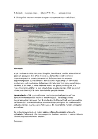 3. Estriado-→sustancia negra--→tálamo (VA y VL)---→corteza motora
4. Globo pálido interno--→sustancia negra--→cuerpo estriado--→ vía directa
Parkinson:
el parkinson es un síndrome clínico de rigidez, bradicinesia, temblor e inestabilidad
postural. Los signos de la EP se deben a una deficiente neurotransmisión
dopaminergica en el estrato, consecuencia de la muerte de las neuronas
dopaminergicas en la pars compacta de la sustancia nigra (SNc). Las estructuras
involucradas en la modulación de la proyección talamocortical, como son el núcleo
caudado, el putamen, la parte externa e interna del globus pallidus (GPe, PGI,
recpectivamente), el SNc y la pars reticulado de la sustancia nigra (SNr), así com el
núcleo subtalámico (STN) todas formando los ganglios basales.
La sustacia nigra (SN) es un núcleo que contiene melanina (pigmentada) con
aproximadamente 500000 neuronas dopaminérgicas. Varios reguladores
transcripcionales, incluyendo Nurr 1, Lmx1a, Lmx1b, Msx1 y Pit x3, son responsables
del desarrollo y mantenimiendo de la neuronas dopaminergicos del cerebro medio.
La Sustancia nigra es una porción heterogenea del mesencéfalo. Función principal el
aprendizaje
La sustancia negra se divide en dos secciones: la parte compacta y la parte
reticulada. Cada una de ellas tiene sus propias funciones y conecta el mesencéfalo con
distintas regiones del sistema nervioso.
Funciones:
 