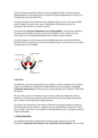 La parte compacta transmite señales al resto de ganglios basales. Proyecta neuronas
dopaminérgicas al neoestriado, por lo cual tiene un papel fundamental en el inicio y en
la regulación de la motricidad fina.
La parte reticulada envía eferencias de los ganglios basales a otras zonas del encéfalo,
como el tálamo, un núcleo clave para el intercambio de información entre las
estructuras subcorticales y la corteza cerebral.
Esta sección se relaciona íntimamente con el globo pálido y sus neuronas utilizan el
neurotransmisor GABA, que tiene una función inhibitoria en el sistema nervioso,
incluyendo en la actividad dopaminérgica de la sustancia negra compacta.
La parte compacta es más oscura que la reticulada, puesto que como hemos dicho la
neuromelanina se encuentra en las neuronas dopaminérgicas, más numerosas en la parte
compacta que en la reticulada.
FUNCIONES
La dopamina, que tiene una presencia muy notable en la parte compacta de la sustancia
negra, es secretada por el organismo cuando obtenemos una recompensa y provoca
sensaciones placenteras, de forma que nos ayuda a predecir qué conductas conllevarán
un refuerzo.
De este modo, gracias a la sustancia negra se lleva a cabo una integración entre los
estímulos y las reacciones, haciendo que ciertos datos del exterior hagan más posible
que se repita un cierto patrón de comportamiento.
Los efectos de la dopamina y del sistema cerebral de recompensa explican en parte la
motivación para buscar refuerzos, el placer sexual o el desarrollo de adicciones. Dicho
de otro modo, afecta tanto al uso adaptativo del aprendizaje como a su degeneración por
culpa de adicciones
2. Motricidad fina
Las neuronas de la parte compacta de la sustancia negra regulan la acción del
neoestriado, implicado directamente en la realización de movimientos. De este modo
 