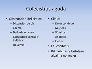 Colecistitis aguda
• Obstrucción del cístico
– Distención de Vb
– Edema
– Daño de mucosa
– Congestión venosa y
linfática
– Isquemia
• Clinica
– Dolor continuo
– Nauseas
– Vómitos
– Anorexia
– Fiebre
• Leucocitosis
• Bilirrubinas y fosfatasa
alcalina normales
 